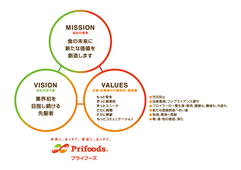 Mssion：企業の使命：：Vision：目指すべき姿：：Values：価値観・行動指針